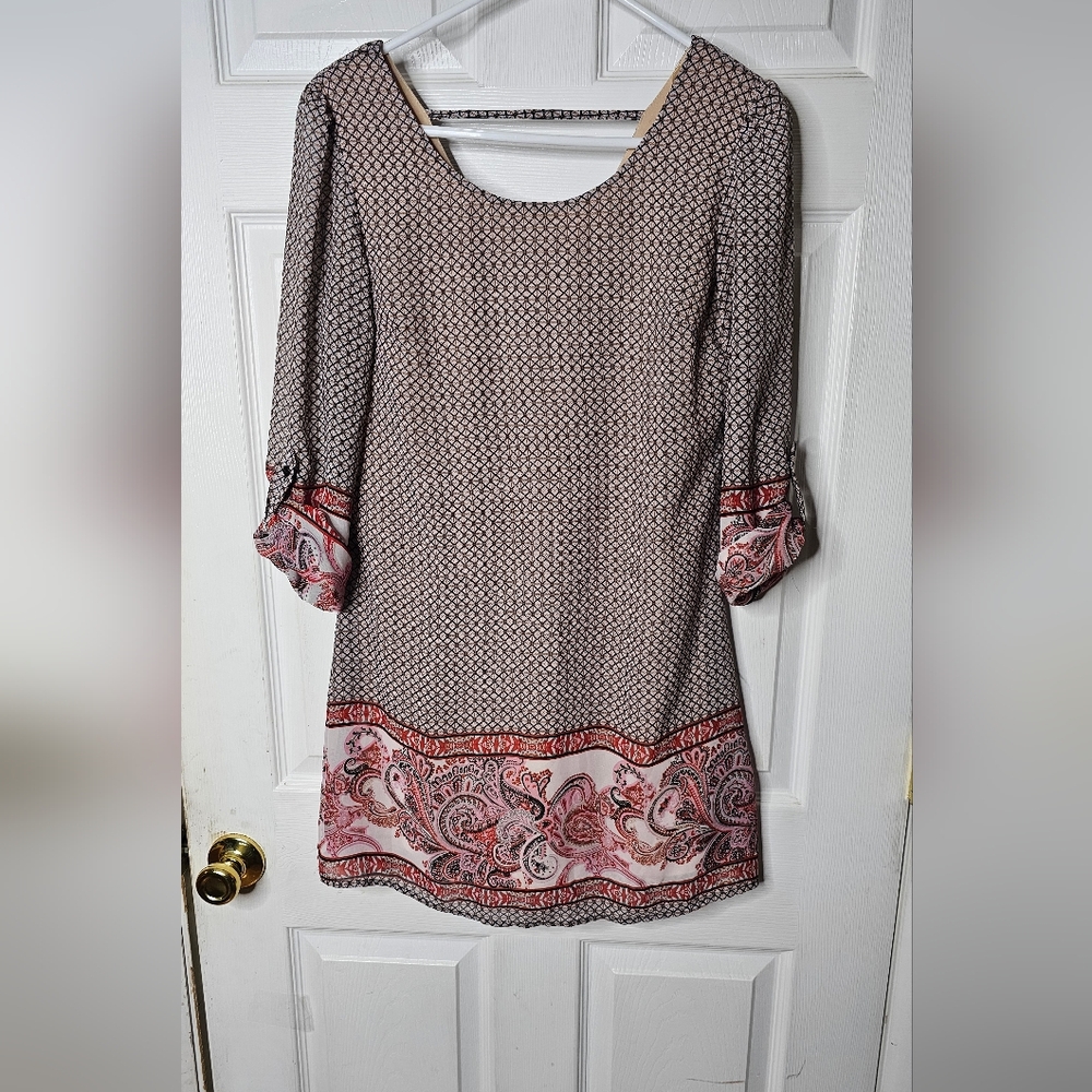 Speechless Womens Size S Boho Tunic Top Blouse Geometric Print Roll Up Sleeve